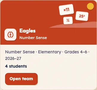 A team card on the coach home page: Eagles, Number Sense, grades 4–6, 4 students, with an Open team button.